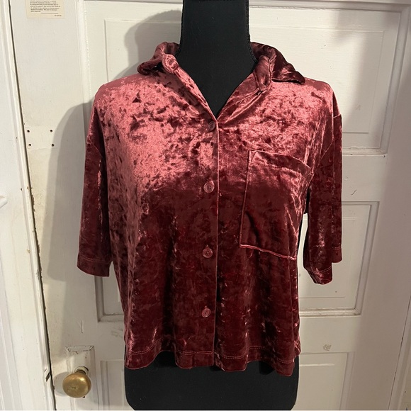 stars above Other - Stars Above Crushed Velvet Button Down Sleep Top in Burgundy